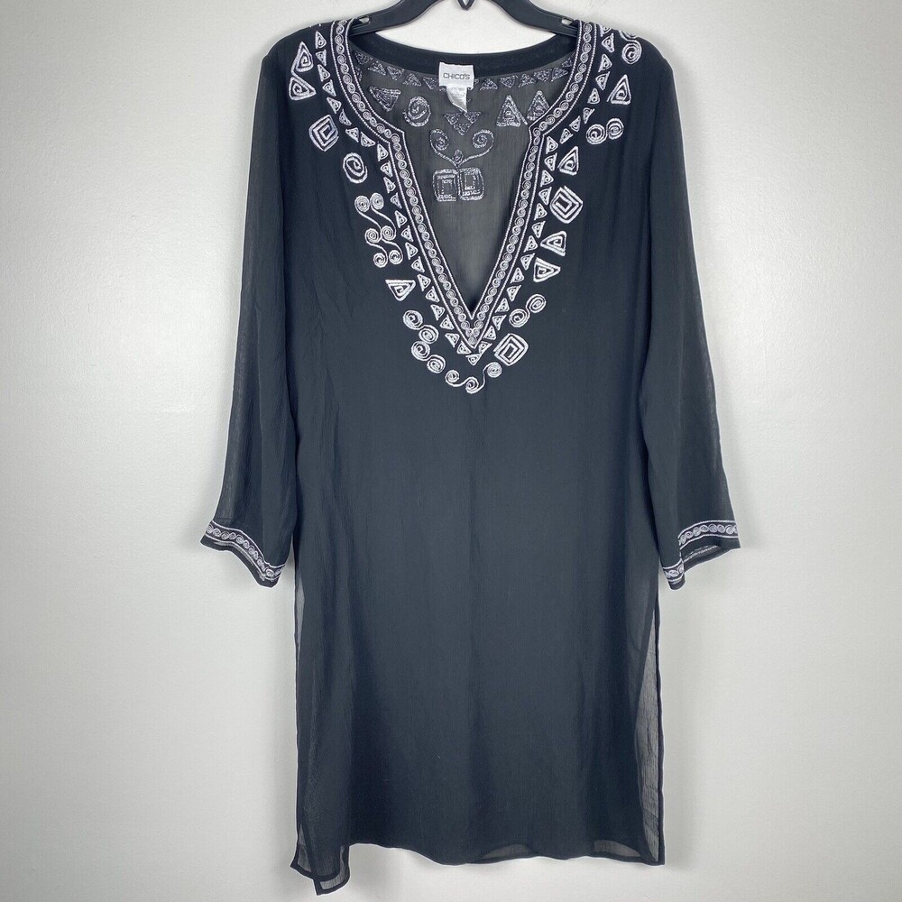 Chicos Silk Tunic Top Sz 0 Small Black Embroidered Swim CoverUp Boho